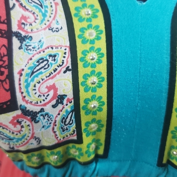 Style & Co V-Neck Short Sleeve Boho Dress Size PS.  Teal, Orange, Yellow, Green - Picture 2 of 8